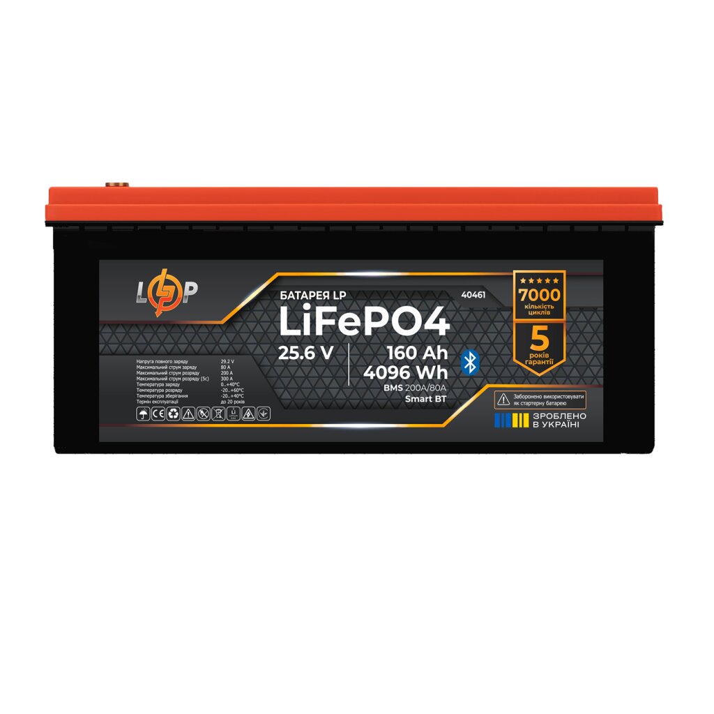 Акумулятор LP LiFePO4 25,6V - 160 Ah (4096Wh) (BMS 160A/80А) пластик Smart BT